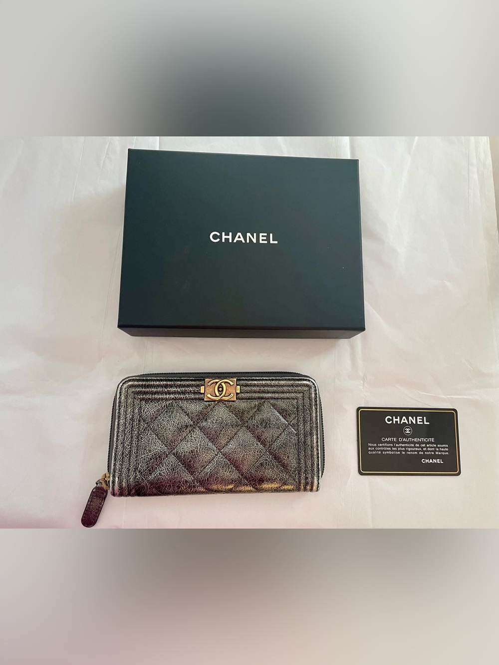 Chanel Boy Small Quilted Zip Around Wallet Metallic Gunmetal Silver 17A NEW